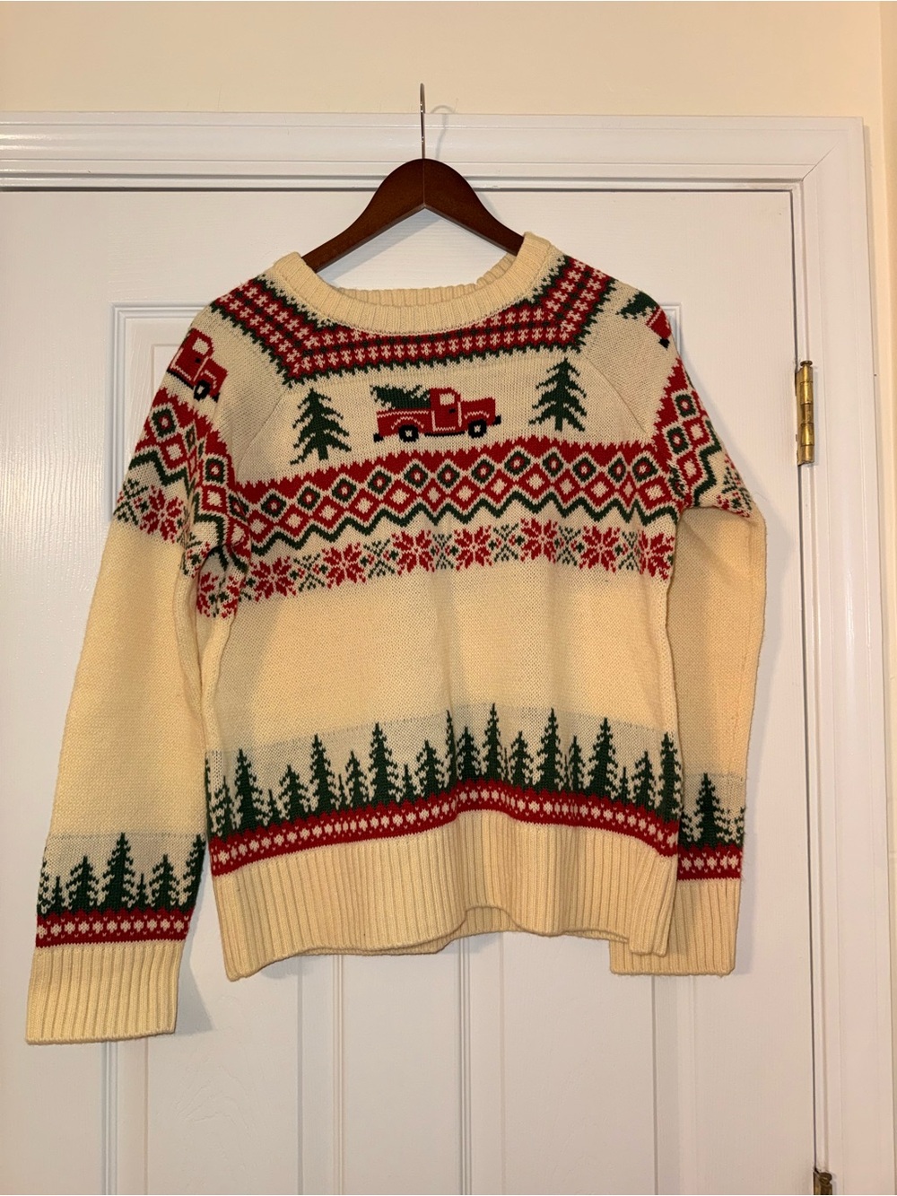 Kiel James Patrick Cream Sweater with Red & Green Fair Isle Truck Pattern